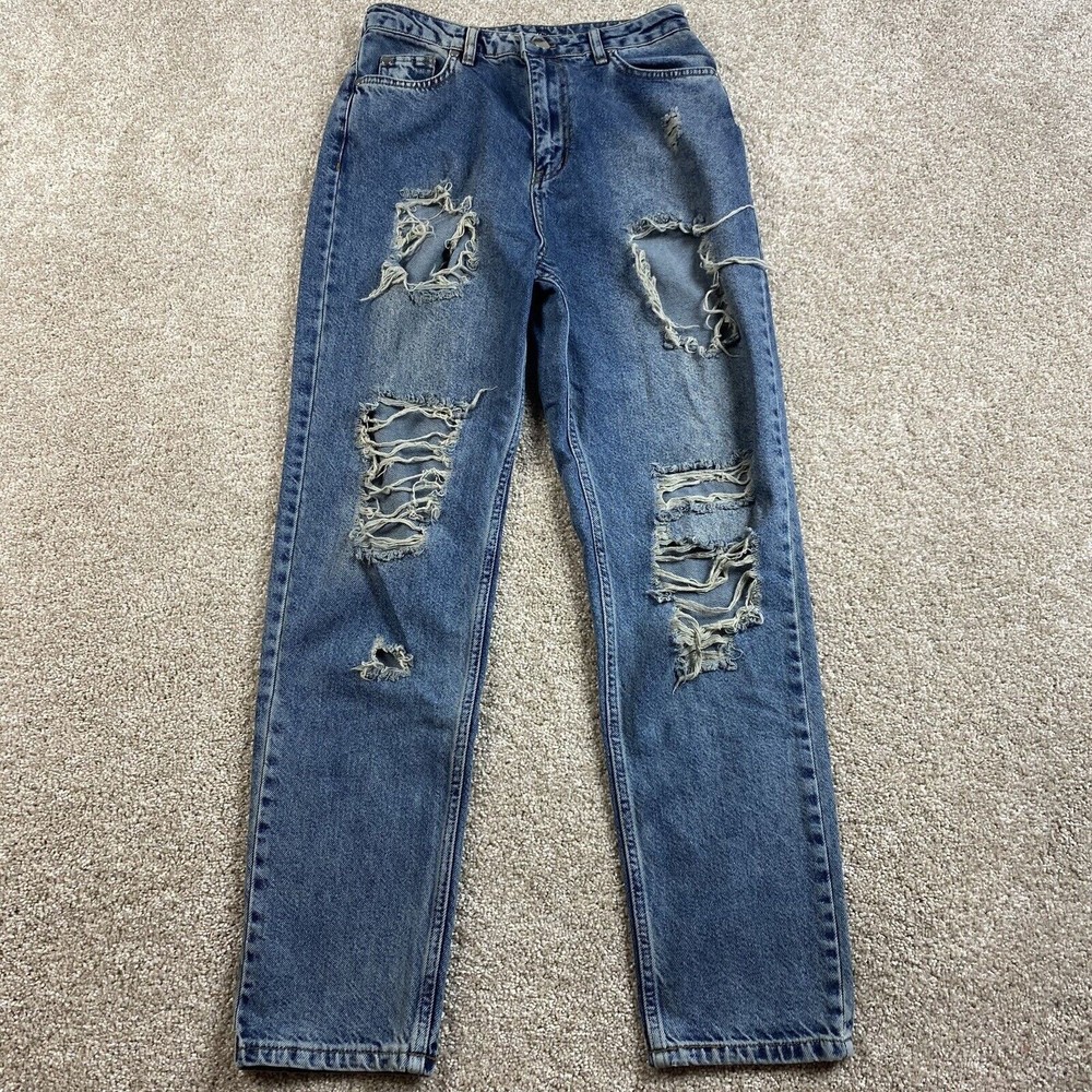 Nasty Gal Womens High Rise Destroyed Mom Jeans US 4 Medium Wash Distressed - Picture 1 of 9